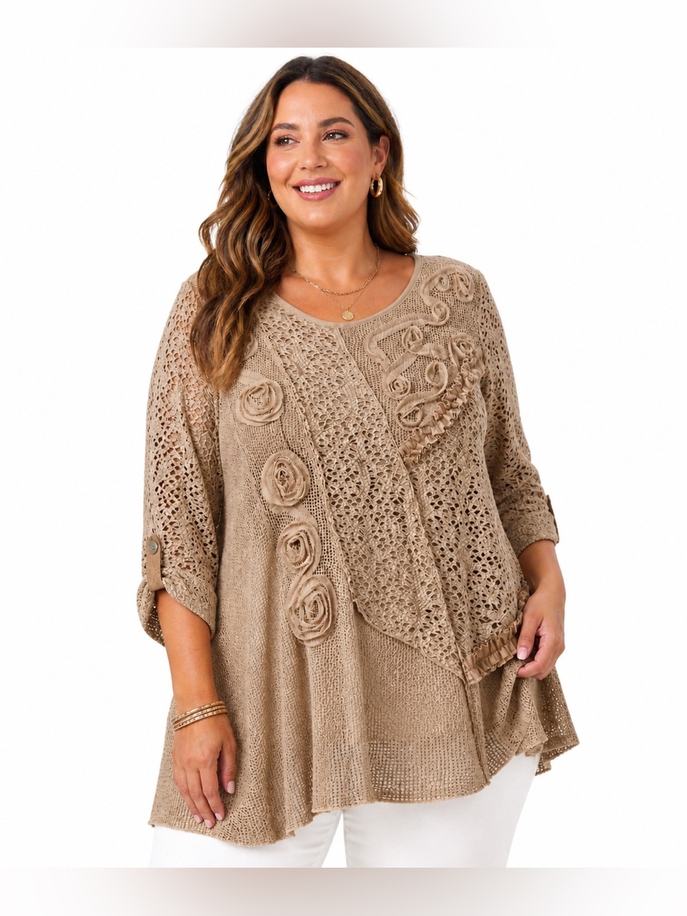 Ali Miles Tan Beige Textured Lacy Tunic Top Rosette Detail Plus Size NWT